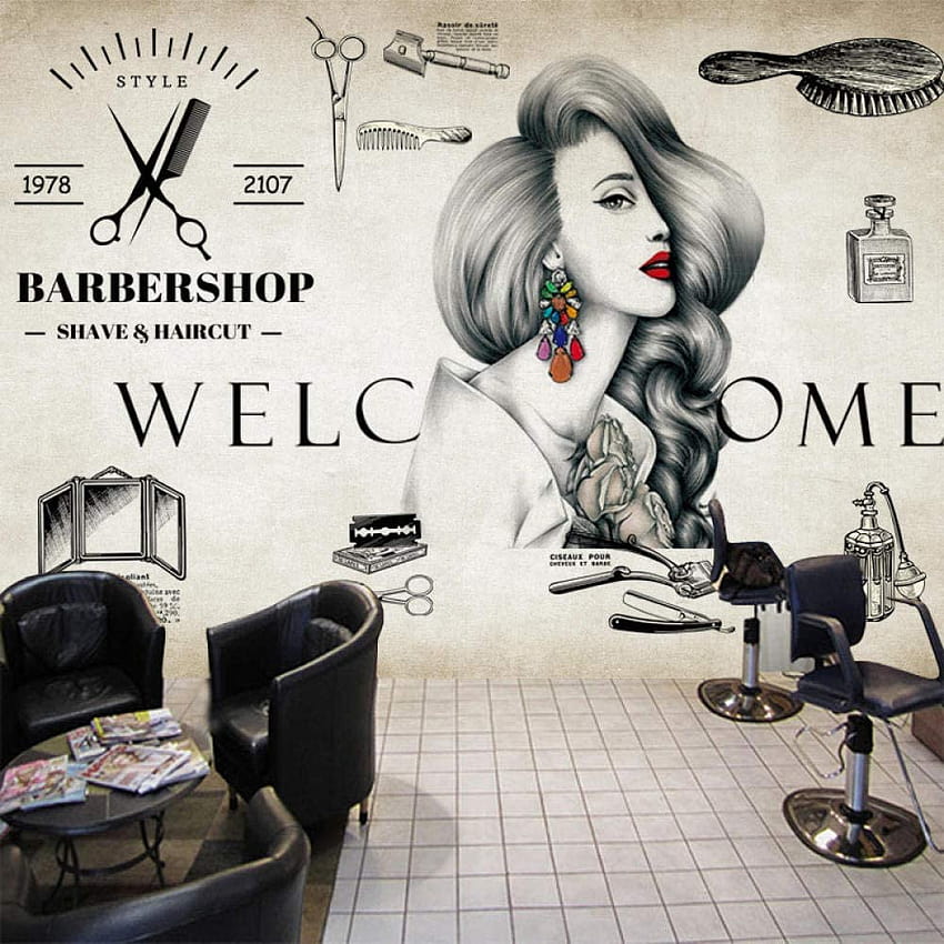 Murale 3D murale nostalgique rétro Salon de coiffure brique Salon de coiffure murale tendance rétro Salon de beauté outillage arrière-plans mur Fond d'écran de téléphone HD