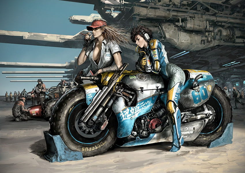 4 Biker Art, cyberpunk motocicleta motociclista chica ciencia ficción fondo de pantalla