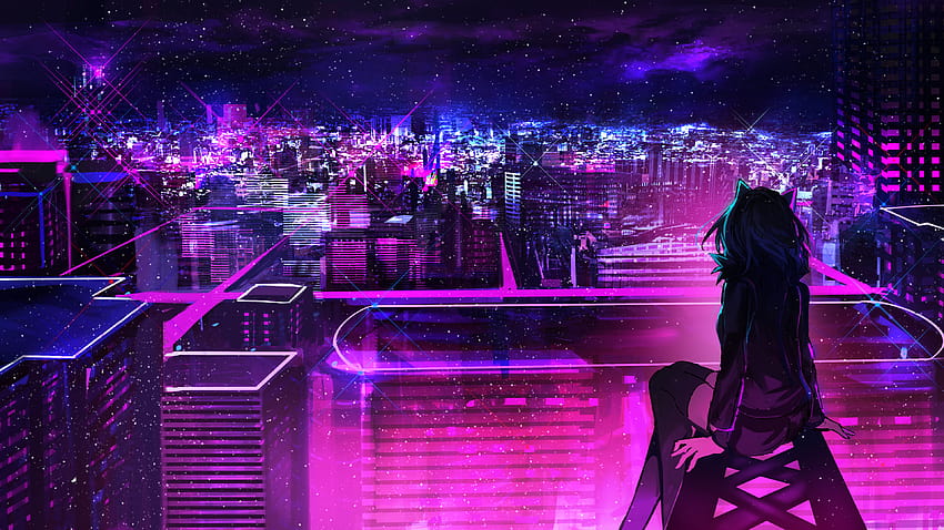 1 Anime Building, purple anime city HD wallpaper