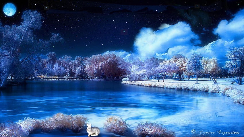 Lago azul de noche, noche de invierno fondo de pantalla