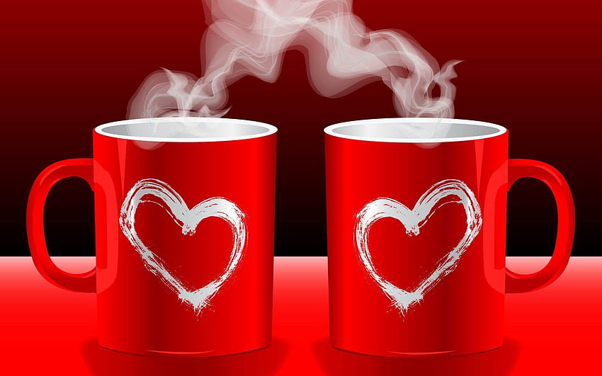 mood mug cup heart love pairs hot coffee tea red backgrounds HD wallpaper