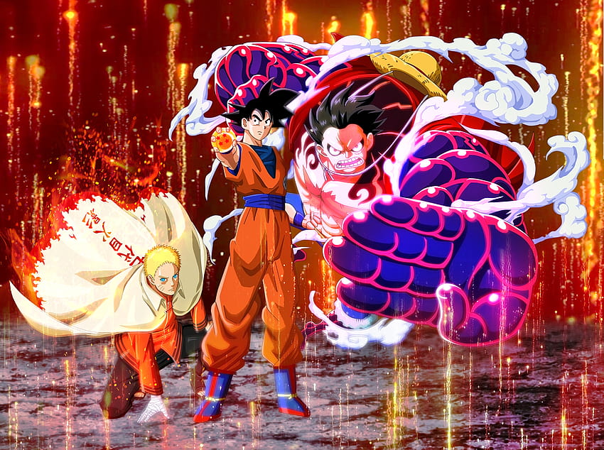 : crossover, Son Goku, Monkey D Luffy, Uzumaki Naruto 1920x1433, goku and luffy HD wallpaper