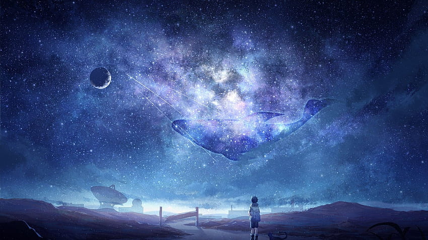 1920x1080 Anime Sky, Milky Way, Stars, Anime Boy, Dog, Moon, Whale, Galaxy for , galaxy sky HD wallpaper