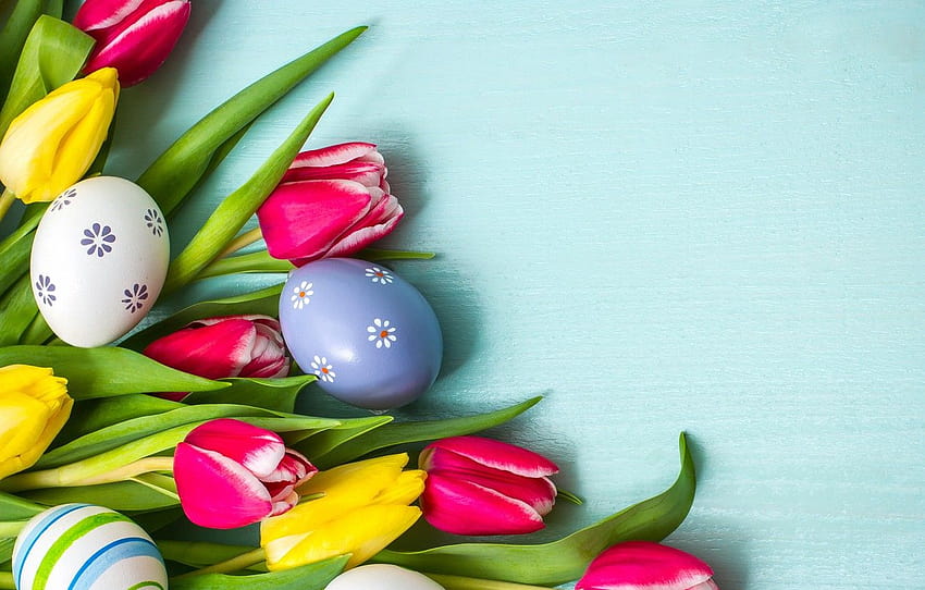 flowers, spring, colorful, Easter, tulips, wood, flowers, tulips, spring, Easter, eggs, decoration, Happy, the painted eggs , section праздники, tulip easter HD wallpaper