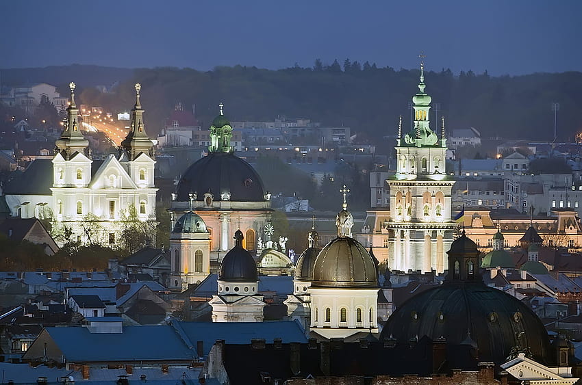 украина, lviv, нощ, нощен lviv, храмове с резолюция 2265x1500. Високо качество HD тапет
