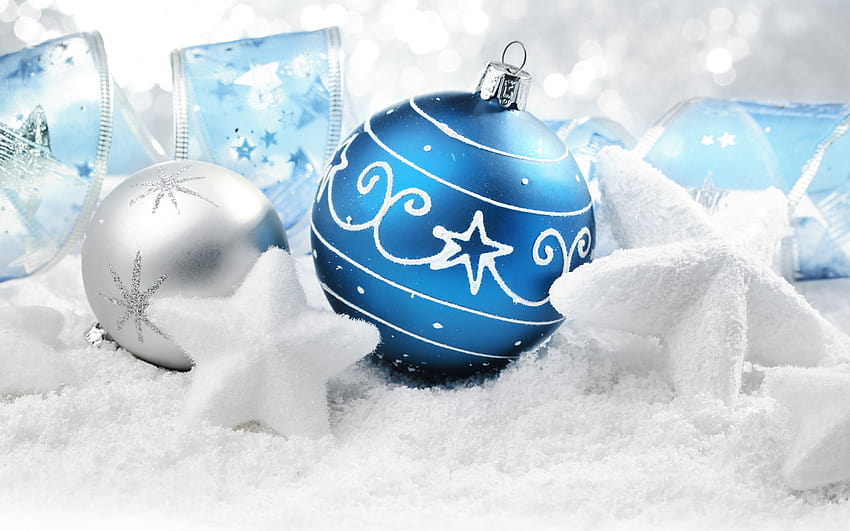 Blue and Silver Christmas Balls, Stars, Ribbon , silver star HD wallpaper