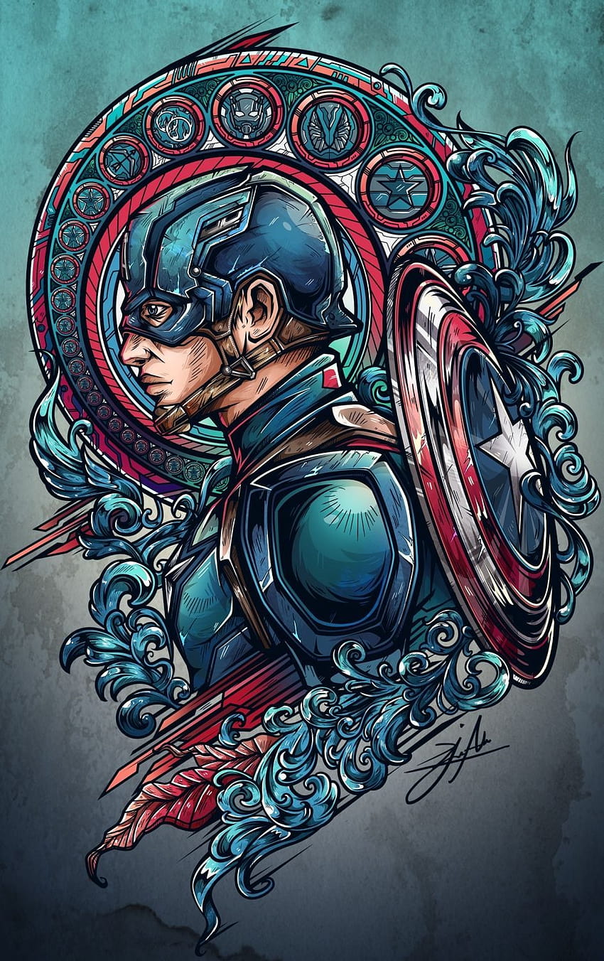 Project inspired in a mix of civil war, tattoo and art nouveau, captain america anime HD phone wallpaper