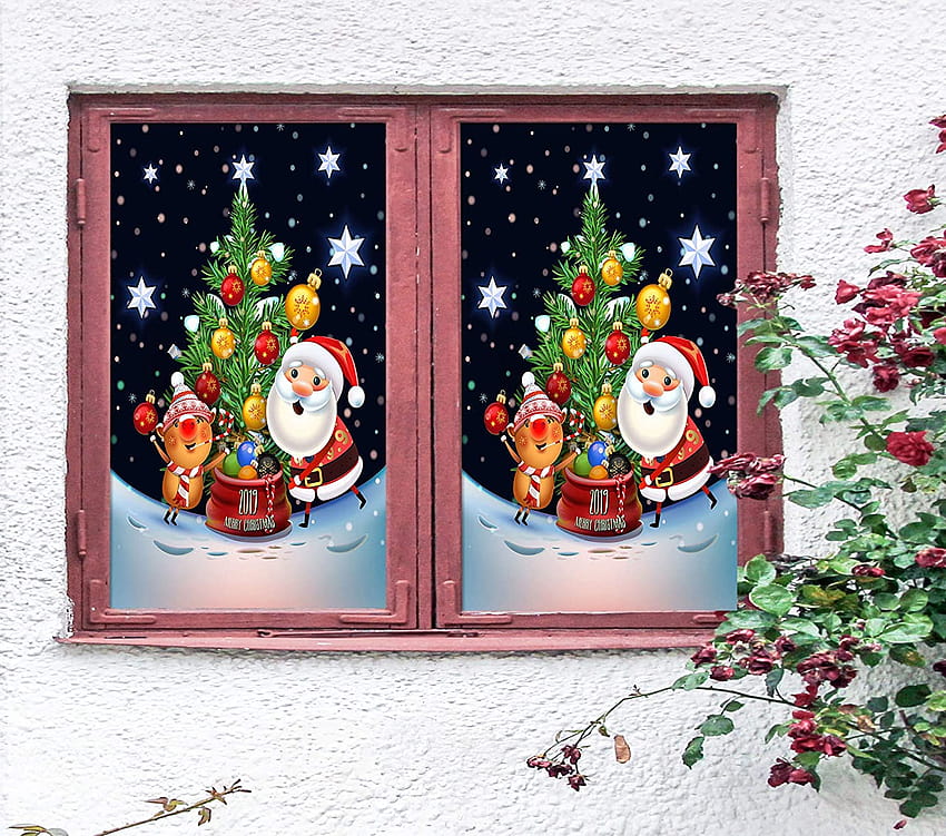 AJ 3D Christmas Tree and Santa Claus 0207 Christmas Window Film Print Sticker Cling Stained Glass Xmas US Lv HD wallpaper