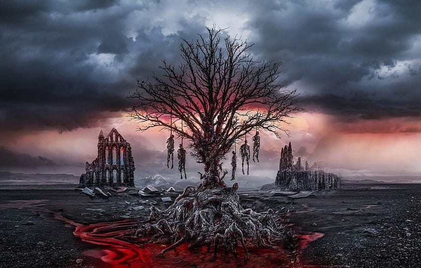 clouds, death, tree, skeletons, gallows , section прочее HD wallpaper