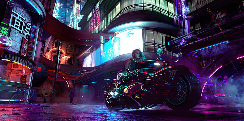 1366x768 Cyberpunk City Girl With Bike 1366x768 Resolution , Backgrounds,  and HD wallpaper