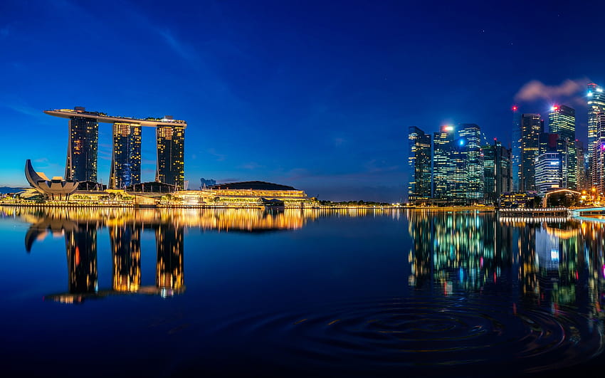Singapore , Marina Bay Sands, Centro da cidade, Paisagem urbana, Luzes da cidade, Noite, Reflexões, Mundo papel de parede HD