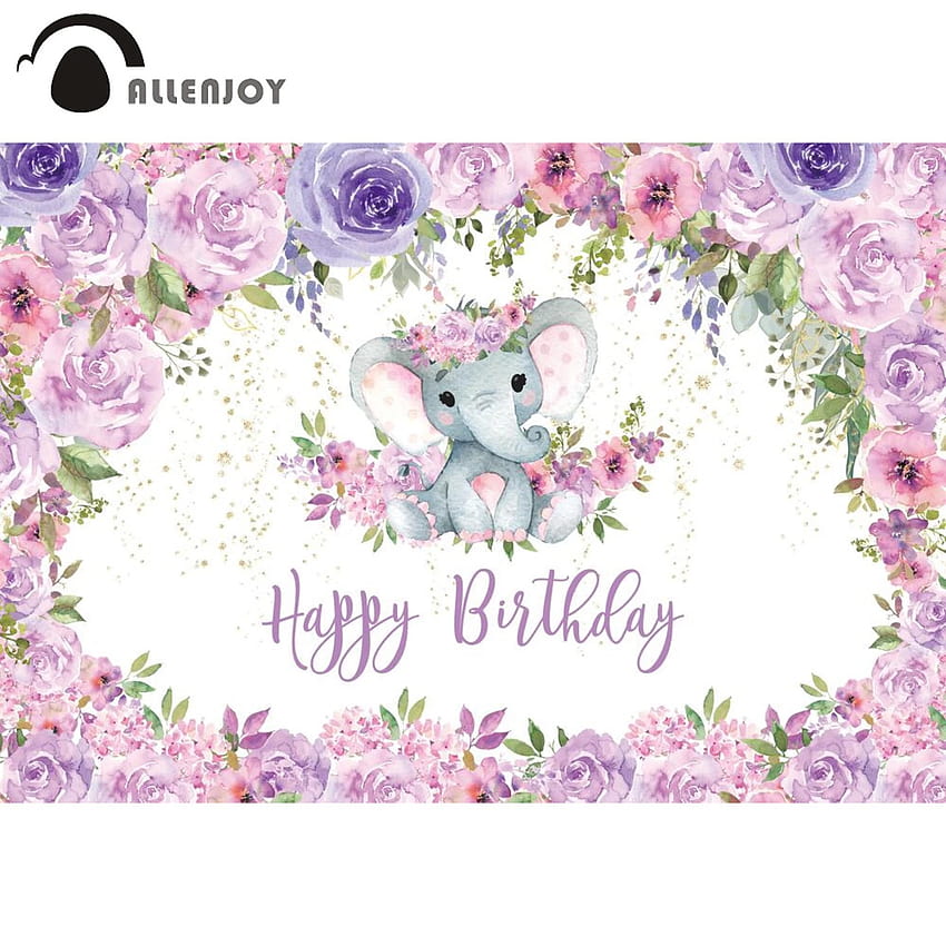 Allenjoy Babyparty-Party-Hintergründe mit niedlichen Elefanten, lila Blumen, glänzendes Gold, glückliche Geburtszone, Kind, Neugeborenes HD-Handy-Hintergrundbild