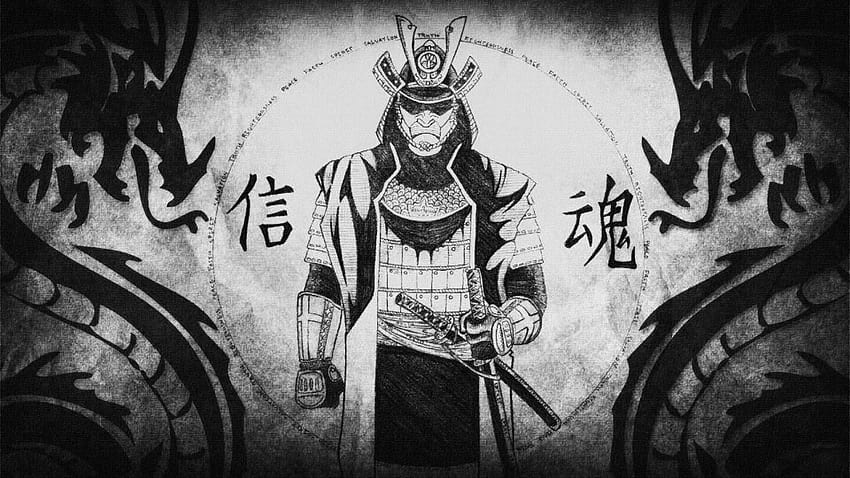 : Japón, dibujo, ilustración, dragón, samurai, ART, oscuridad, boceto, blanco y negro, grafía monocromática 1920x1080, dibujos samurai fondo de pantalla