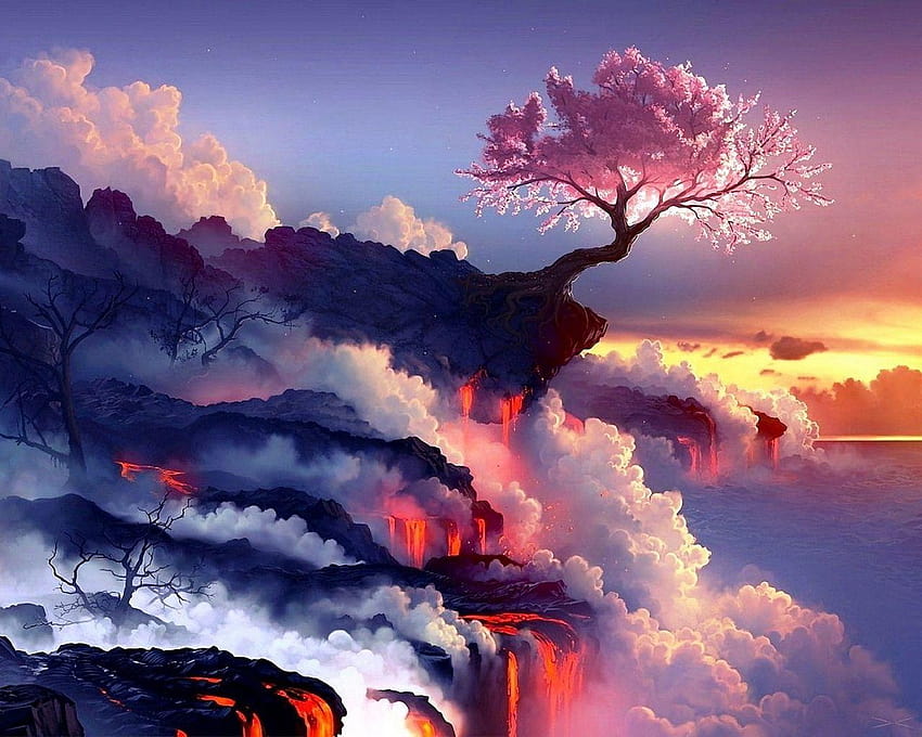 1280x1024의 벚나무 화산, PS4 미적 벚꽃 애니메이션 HD 월페이퍼