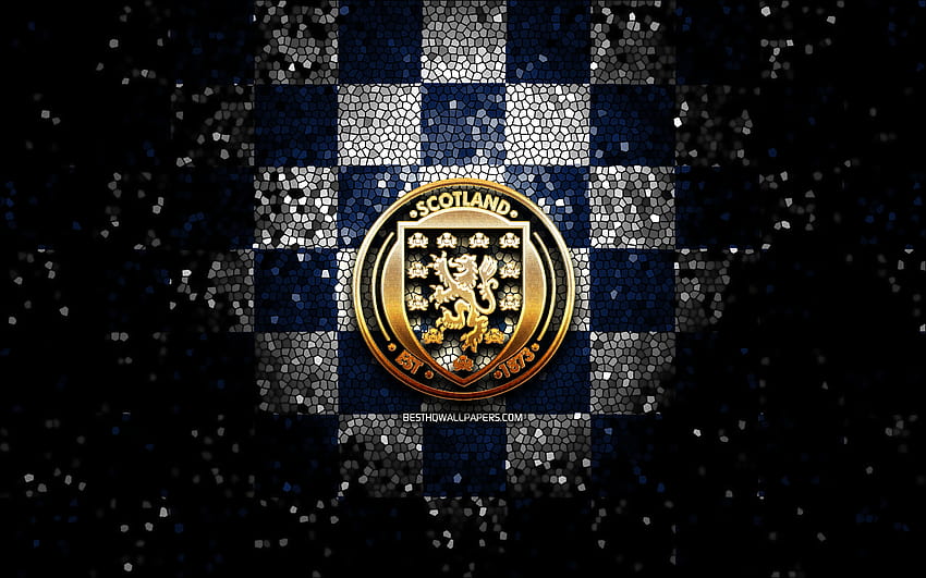 Scottish football team, glitter logo, UEFA, Europe, blue white checkered background, mosaic art, soccer, Scotland National Football Team, SFA logo, football, Scotland with resolution 2880x1800. High Quality HD wallpaper