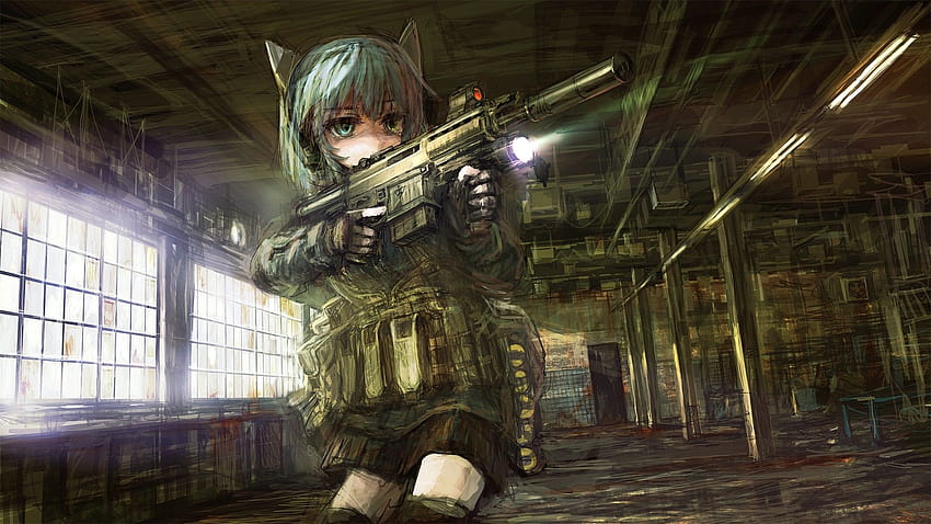 centro de operaciones, Anime, Chicas anime, Pistola, Ametralladora, pelea de armas de anime fondo de pantalla
