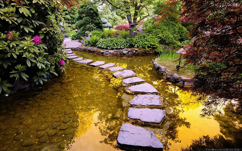 Path Stones Water Layers Smooth Garden Vegetation HD wallpaper