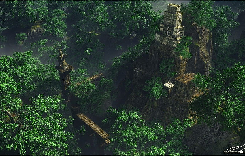 verts, forêt, montagnes, construction, Deep Jungle , section рендеринг, au fond de la forêt Fond d'écran HD