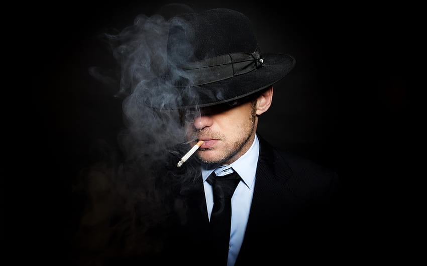 hat, black background, male, cigarette, costume, tie HD wallpaper