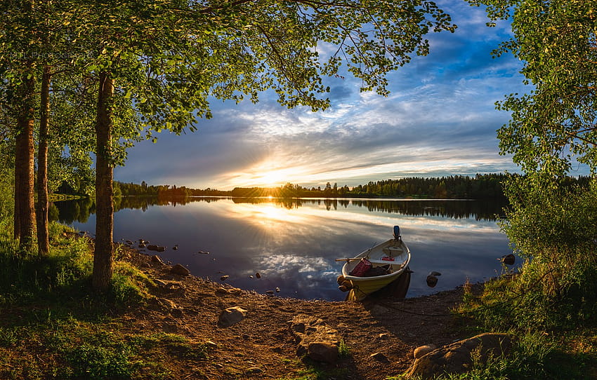hutan, musim panas, pohon, matahari terbenam, sungai, perahu, Finlandia, Finlandia, Sungai Oulujoki, Sungai Oulu, bagian пейзажи, sungai musim panas Wallpaper HD