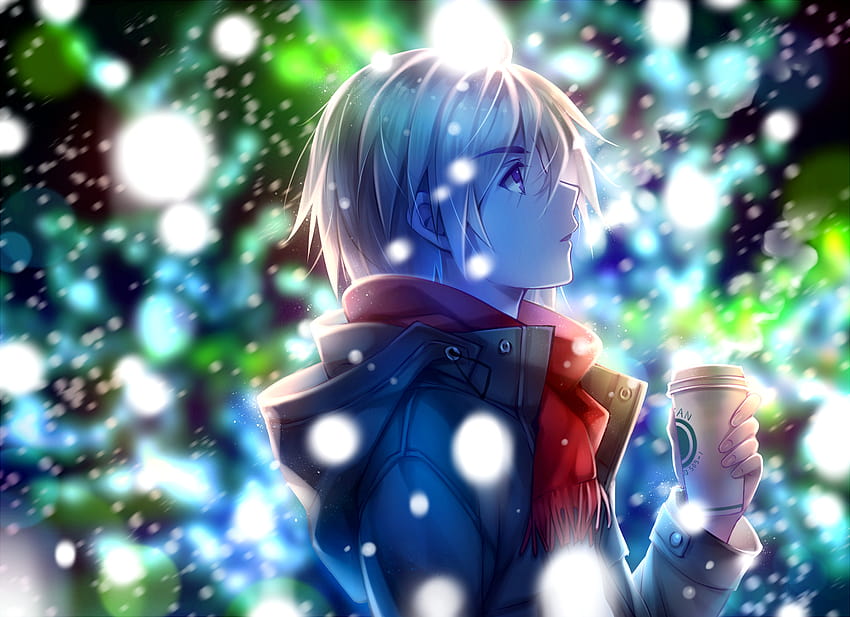 1920x1394 аниме момче, изглед на профил, червен шал, зима, сняг, кафе, червено зимно аниме HD тапет