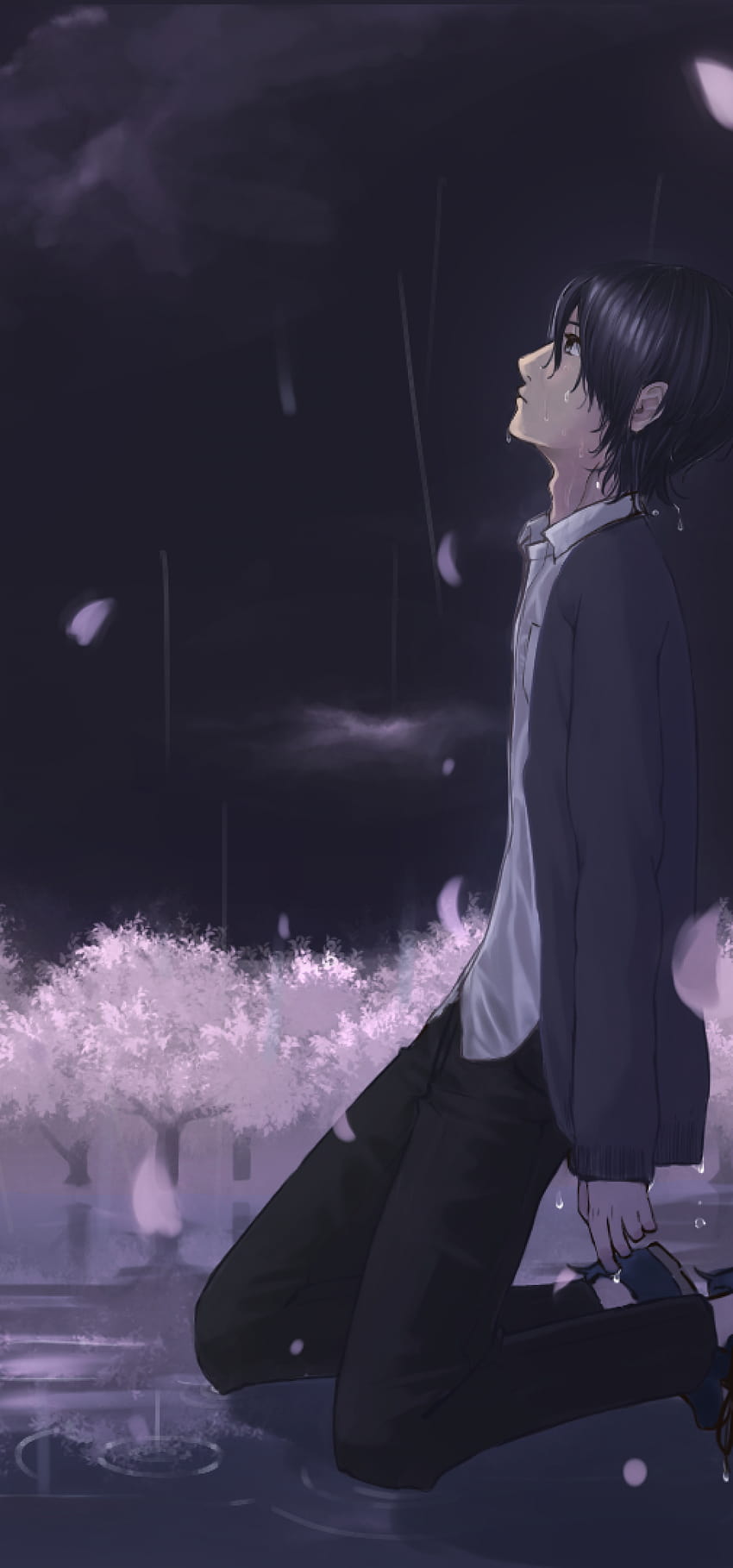 1080x2310 Anime Boy, Sadness, Crying, Teary Eyes, Moon, Raining, Petals for Honor View 20, sad crying anime boy HD phone wallpaper