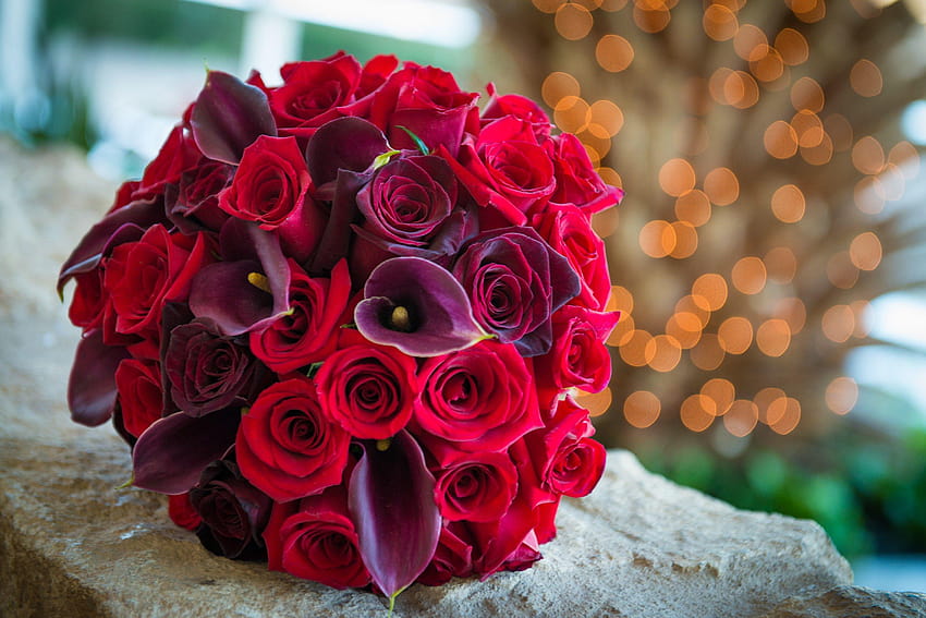 Flowers: Roses Wonderful Wedding Bouquet Lights Bokeh Red Love, red rose bokeh HD wallpaper