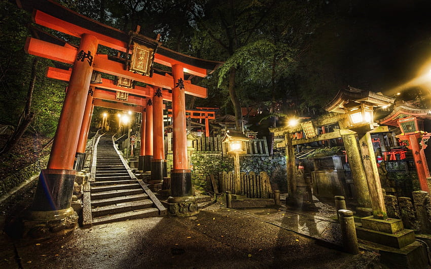 Japan night stairways shrine Kyoto torii cemetery torii gate HD wallpaper