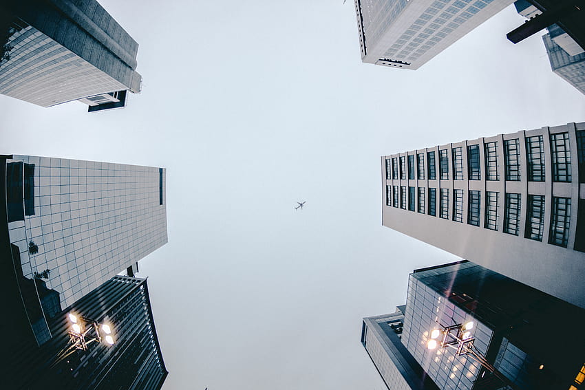 Low Angle graphy of Airplane Flying Above High Rise Buildings HD wallpaper