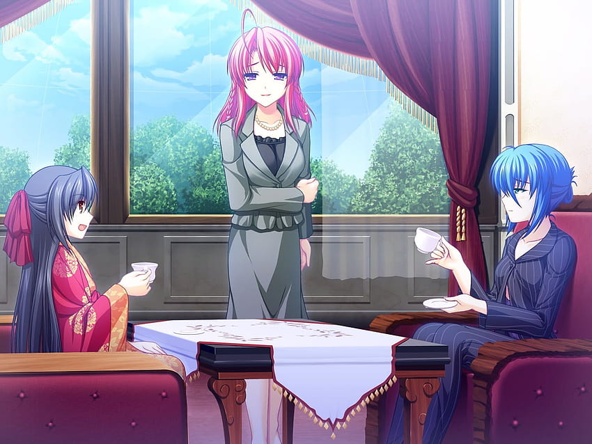 Evin içinde kahve içen pembe ve mavi saçlı anime kızlar, evin içinde anime HD duvar kağıdı