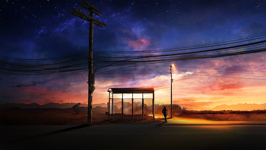 : t1na, digital art, bus stop, power lines, backpacks, street light, road, stars, sunset 2560x1440 HD wallpaper