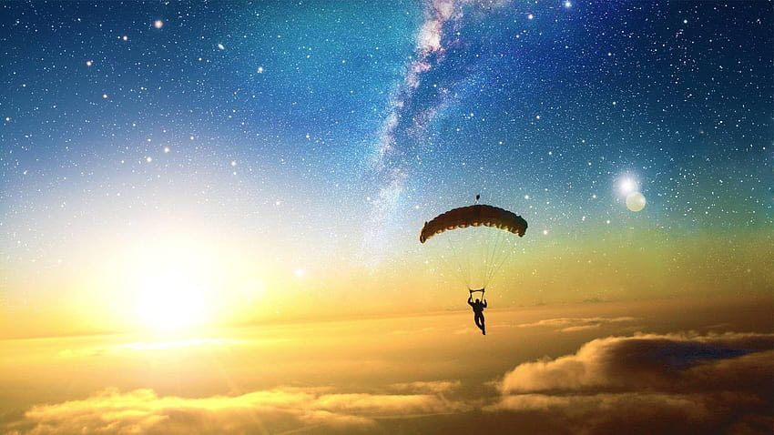 digital Art, Skydiving, Sun, Stars, Clouds, Liquicity, Parachutes HD wallpaper