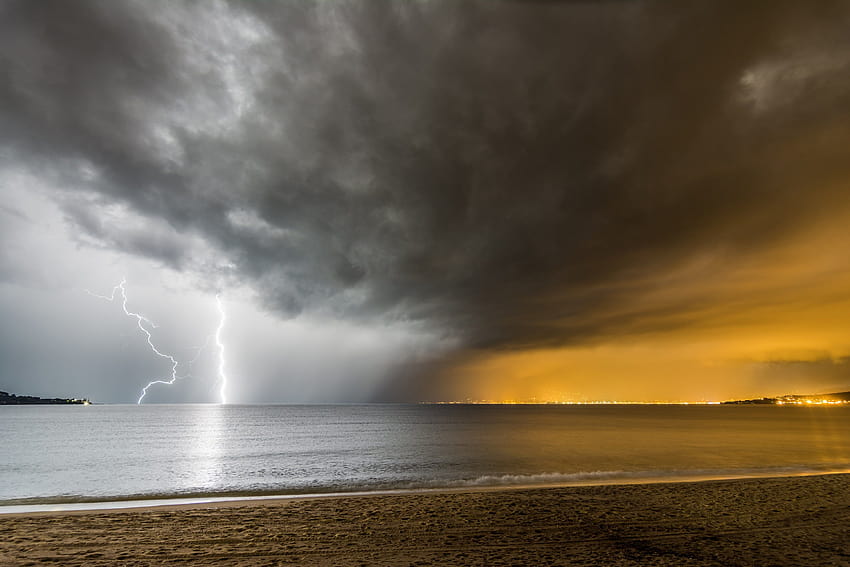 lightning strike, storm beach HD wallpaper