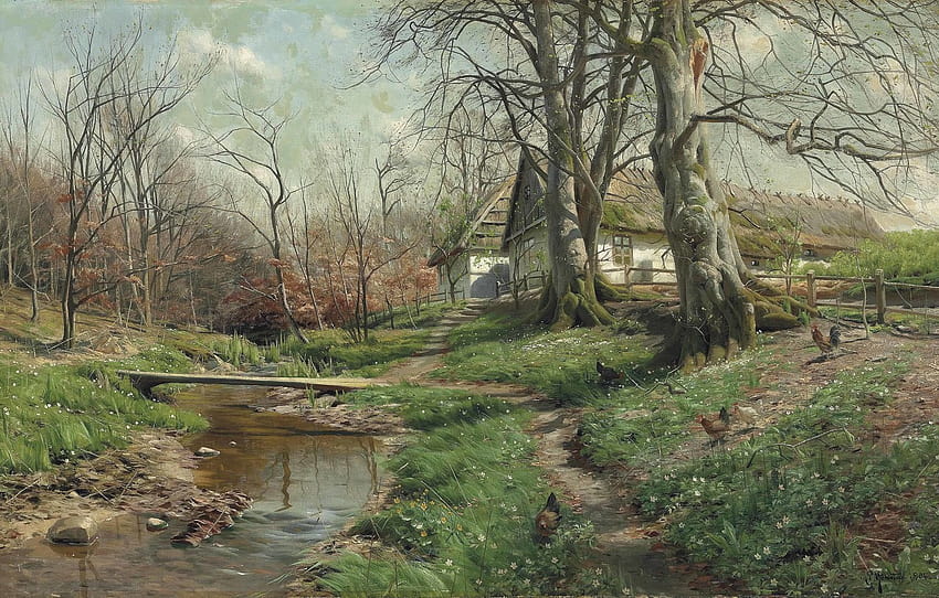 Danimarkalı ressam, 1904, Menstad'lı Peter Merk, Peder Mørk Mønsted, Nehir kenarındaki çiftlik, nehir kenarındaki EV, Danimarkalı realist ressam , bölüm живопись HD duvar kağıdı