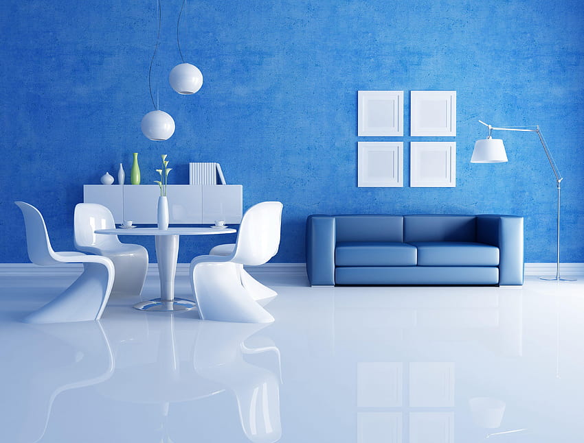 Sofá azul en el salón y fondo de pantalla