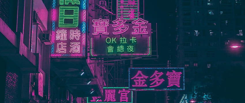 2560x1080 Nachtstadt, Schilder, Neon, Straße, lila Neonlichter Tokio HD-Hintergrundbild