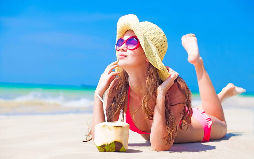Girls Beach Summer Ocean green coconut drink, coconut girl summer HD wallpaper