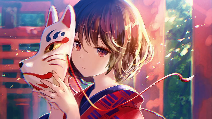 Anime Girl Holding Mask, anime mask face HD wallpaper