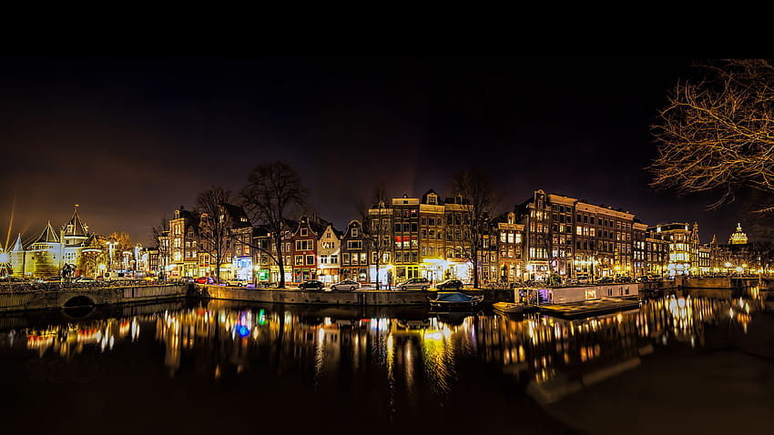 Amsterdam Canal Night Time Amstel River In The Netherlands Europe Ultra For Computers Laptop Tablet : 13, amsterdam night HD wallpaper