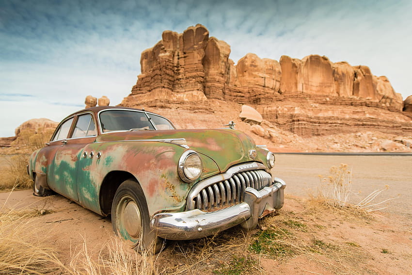car, Wreck, Rock Formation, Desert / and Mobile Backgrounds, desert car HD wallpaper