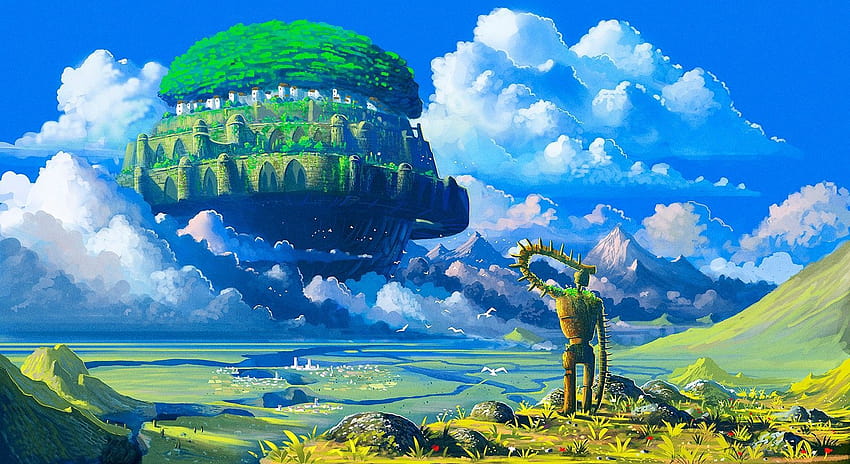 floating island, in the Sky, Ghibli, anime castle HD wallpaper