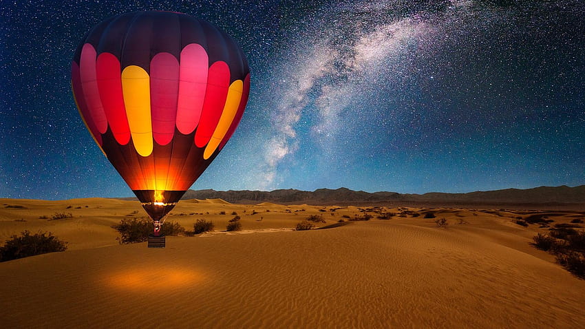 Balão de ar quente 1920 x 1080 na noite do deserto Laptop cheio, balão no deserto papel de parede HD