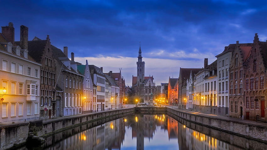 Jan van Eyckplein in Bruges, Belgium HD wallpaper