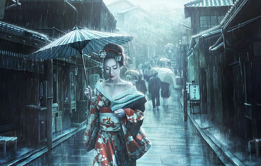 Girl, Japan, Street, Rain, Asian, Umbrella, Umbrella, Japan, Geisha, Japanese, Art, Illustration, The shower, Characters, Memoirs of a Geisha, Japanese art , section арт, japanese art girl HD wallpaper