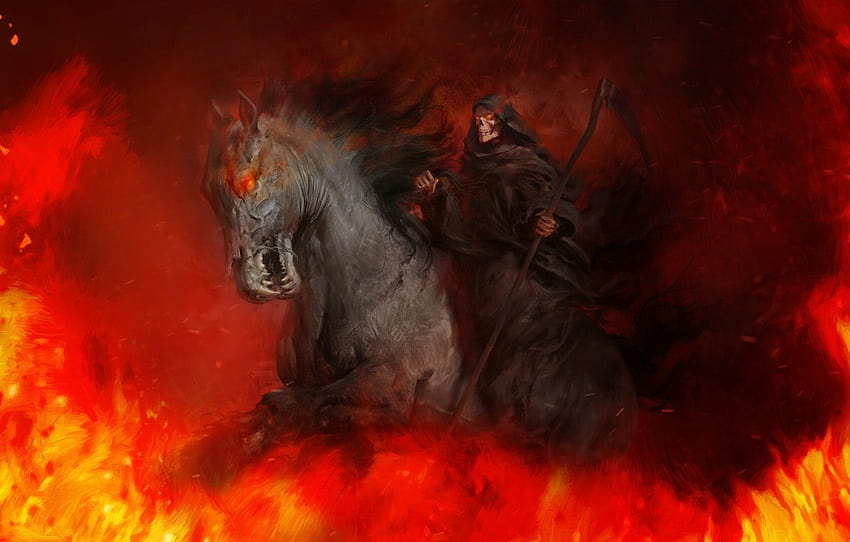 Horse, Fire, Death, Hell, Flame, Braid, Fire, Flame, Death, Horse, Scythe, Hell, Antonio J. Manzanedo, by Antonio J. Manzanedo, Death on a薄い馬, Death on the Pale Horse for, the fire 種牡馬 高画質の壁紙