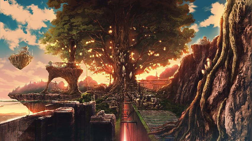 3840x2160 Gigantyczne drzewo, Świat fantasy Anime, Pływające wyspy, Chmury, Zachód słońca dla U TV, drzewo świata Tapeta HD