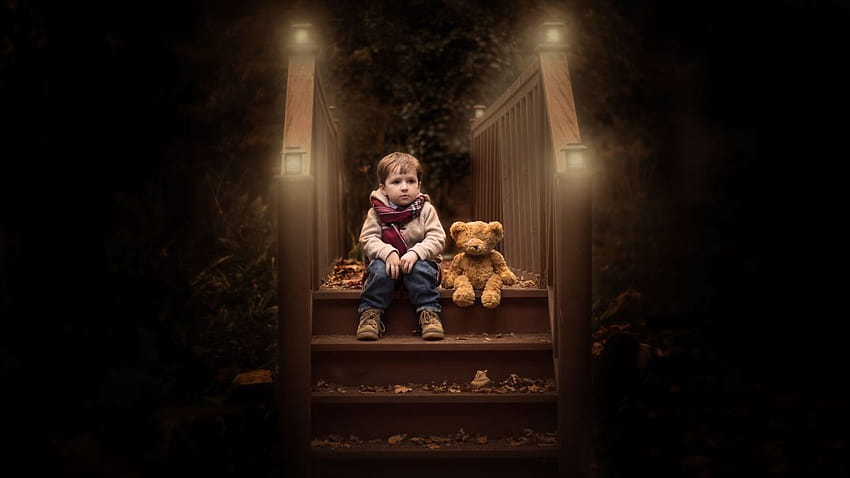 Cute boy, Teddy bear, Wood, Autumn, Foliage, Lights, child alone HD wallpaper