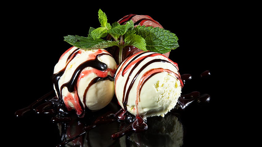 Foliage Ice cream Fruit preserves Food Balls 2560x1440, black ice HD wallpaper