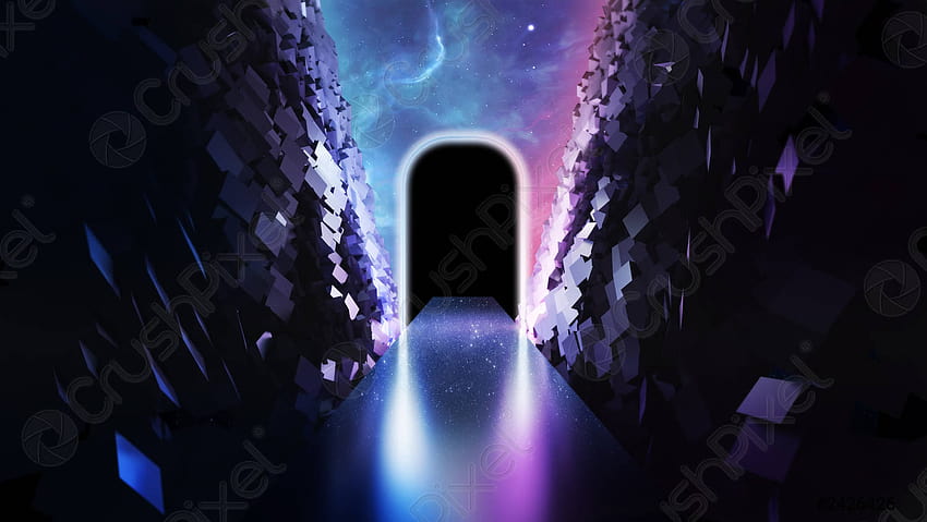 Fundos de néon abstratos 3d brilhando portal retangular no espaço cibernético, portal de néon papel de parede HD