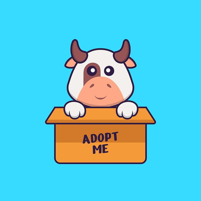 Süße Kuh im Karton mit einem Poster Adoptiere mich. Tier-Cartoon-Konzept isoliert. Kann für die Adoption meiner Kuh verwendet werden HD-Handy-Hintergrundbild
